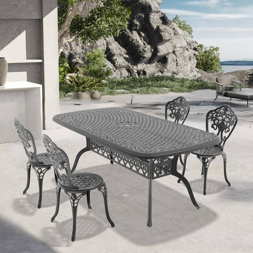 Black 5-Piece of Cast Aluminum Outdoor Patio Dining Set with 72.44 in. x 35.43 in. Rectangular Table and Armless Chairs