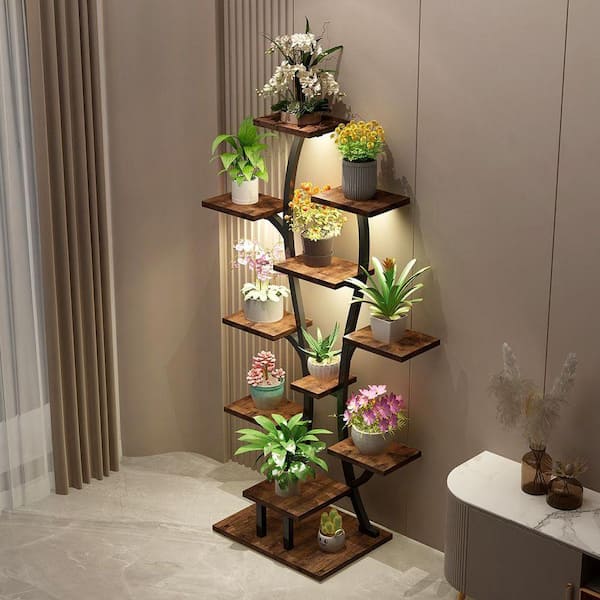 65 in. H Walnut Vase-Shaped MDF Indoor Plant Stand with Grow Lights 11-Tiered Tall Plant Shelf Plant Flower Holder Stand