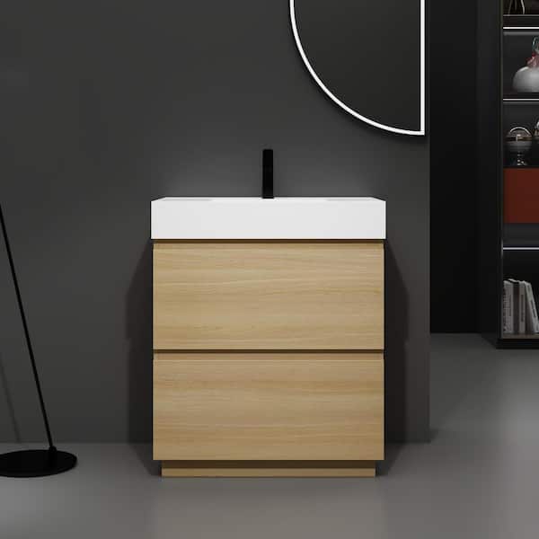 30 in. Single Sink Freestanding Oak Bath Vanity with White Resin Top, Bevel Handle, Drawer Slide Rail