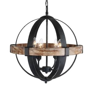 Landwehr 4-Light Rustic Black Globe Hanging Candlestick Chandelier with Wood Accents