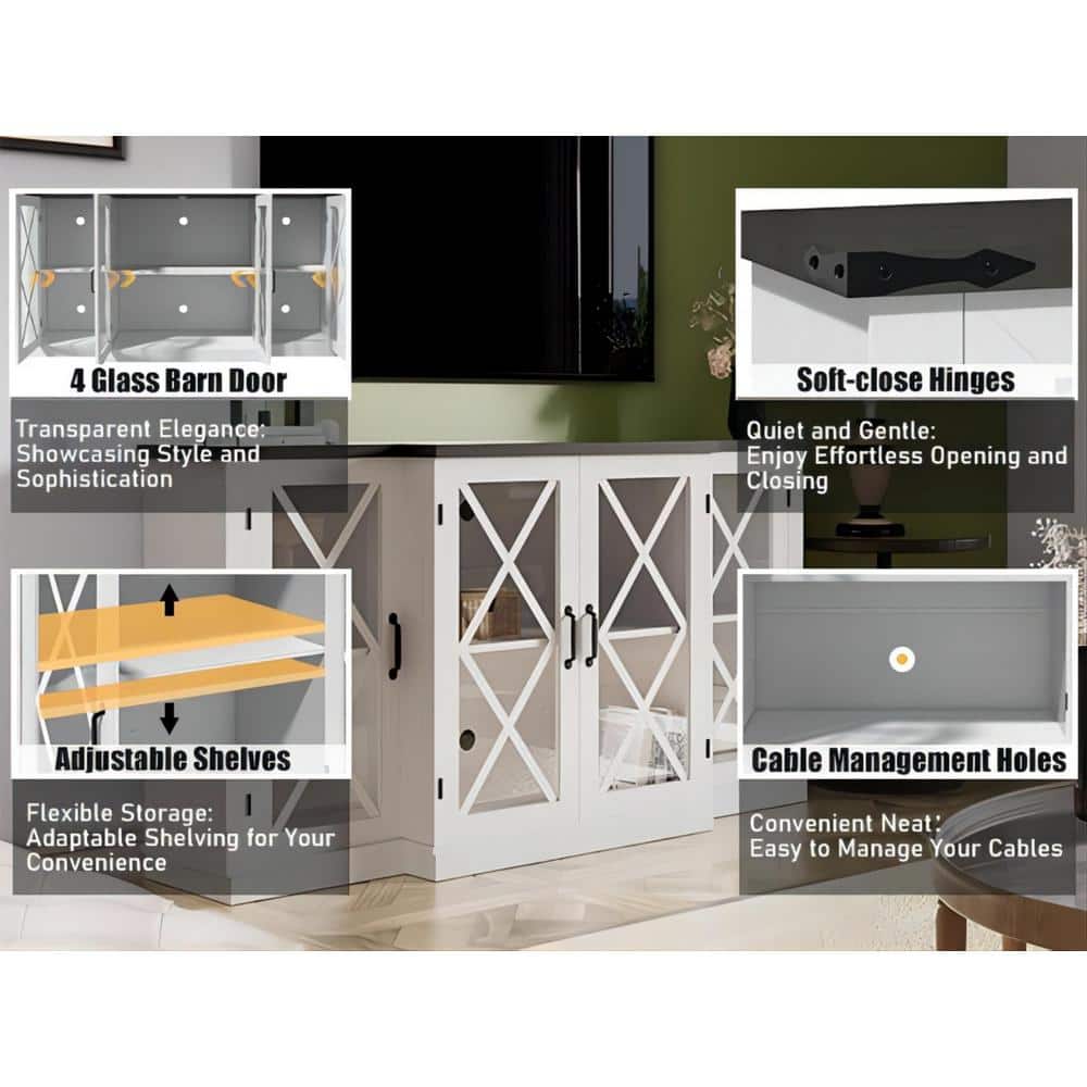 White Farmhouse 63" TV Stand with Glass Cabinet Doors