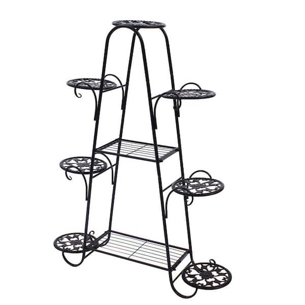 YIYIBYUS 42.13 in. Tall in.door/Outdoor Black Metal Disk Flower Rack Plant Stand (9-tiered)