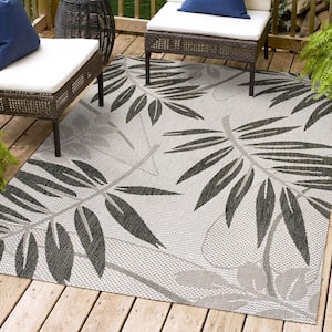 Havana Tropical Palm Leaf Gray/Black 3 ft. x 5 ft. Indoor/Outdoor Area Rug