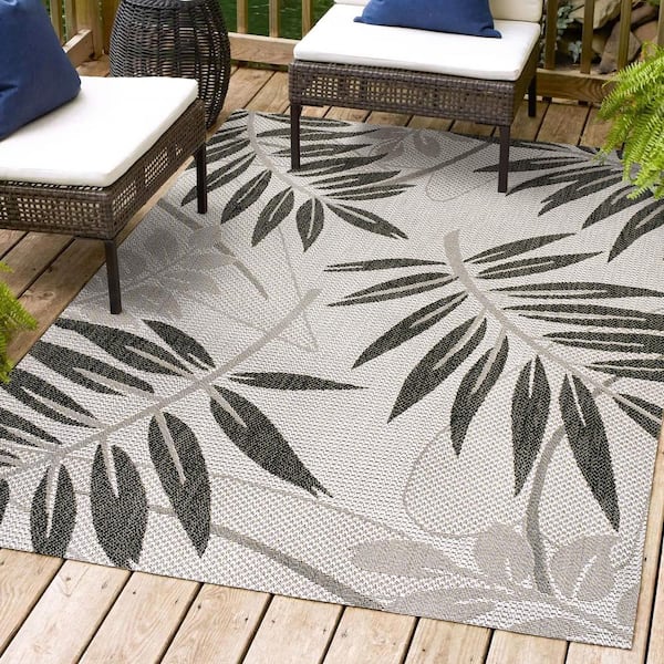 Havana Tropical Palm Leaf Gray/Black 3 ft. x 5 ft. Indoor/Outdoor Area Rug