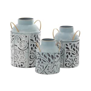 Blue Embossed Metal Floral Decorative Vase with Gold Handles (Set of 3)