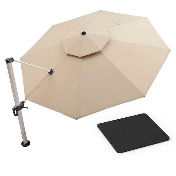 PURPLE LEAF 13 ft. Octagon High-Quality Aluminum Cantilever Polyester Outdoor Patio Umbrella with Base Plate, Beige