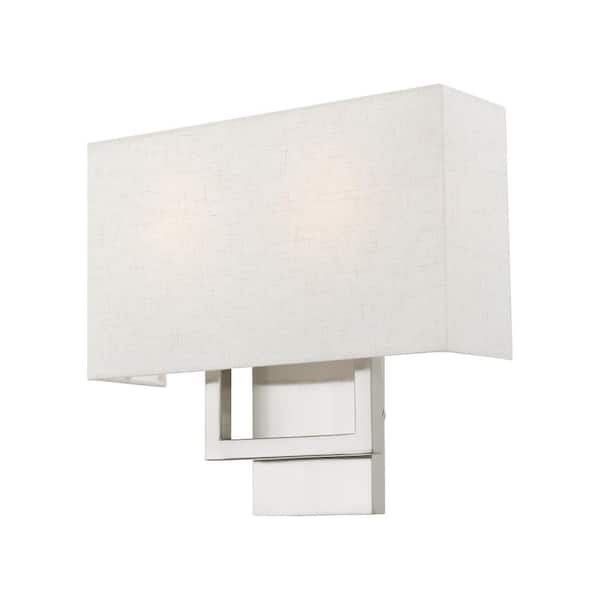 AVIANCE LIGHTING Prithchard 13 in. 2-Light Brushed Nickel ADA Sconce with Oatmeal Color Fabric Shade