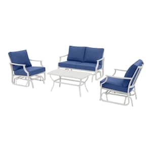 Harbor Point White 4-Piece Metal Patio Conversation Set with CushionGuard Mariner Blue Cushions
