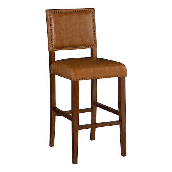 Brook 30 in. Caramel Brown Cushioned Back Wood Counter Stool with Faux Leather Seat