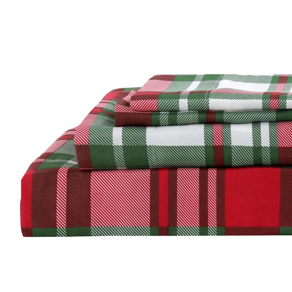 Harper Lane Buffalo Plaid 4-Piece Flannel Sheet Set, Red, Queen, Cotton