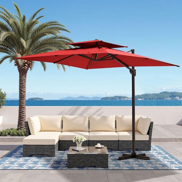 Pellebant Double Top 12 ft. x 9 ft. Rectangular Aluminum Heavy-Duty 360 Rotation Cantilever Patio Umbrella in Red PB-PU060RED Pellebant Double Top 12 ft. x 9 ft. Rectangular Aluminum Heavy-Duty 360 Rotation Cantilever Patio Umbrella in Red PB-PU060RED
