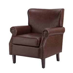 Enzo Traditional Comfy Vegan Leather Solid wood Legs Armchair with Nailhead Trim For Livingroom and Office -Brown