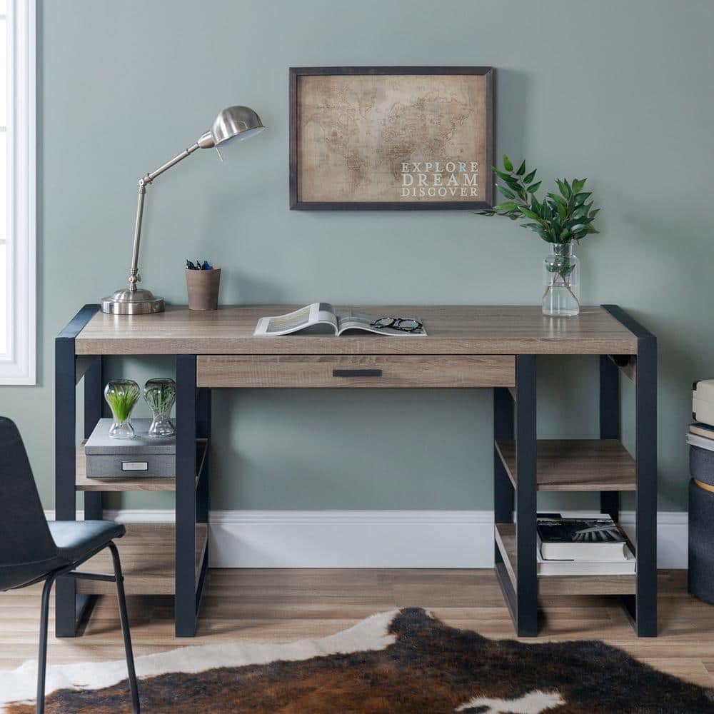 Walker Edison 60" Industrial Desk with USB Port, Driftwood Finish