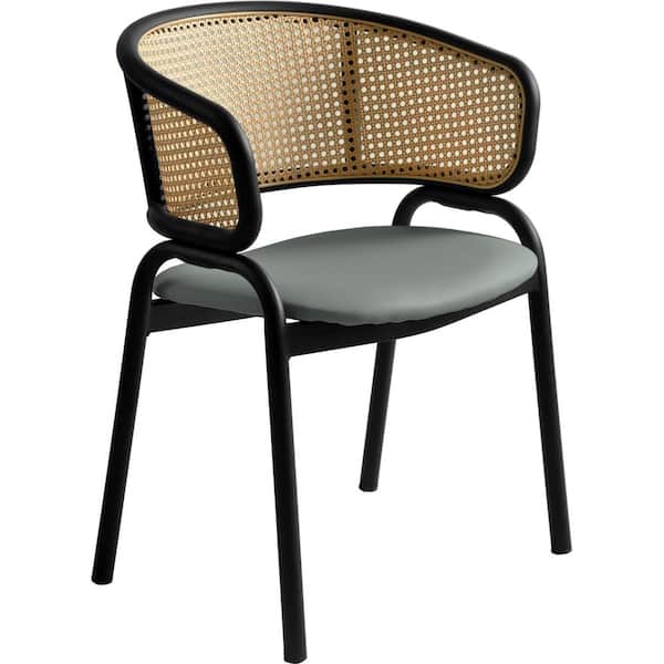 Leisuremod Modern Wicker Dining Chairs with Leather Seat in Black Stainless Steel Accent Side Armchair in Grey