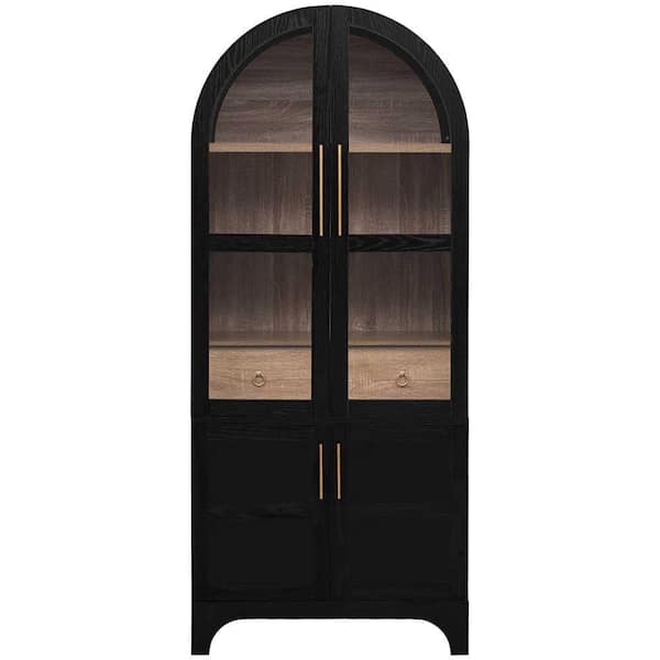 71 in. Tall Arched Kitchen Pantry Cabinet with Door Shelves, Hidden Drawer & Glass Door for Kitchen, Dining Room, Black