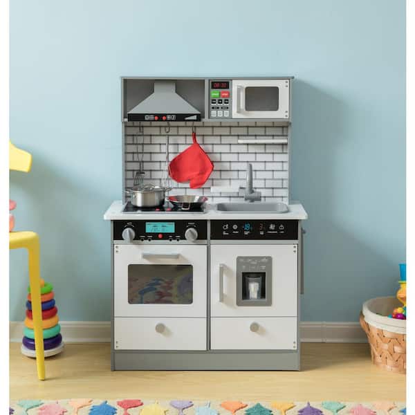 BRINJOY Corner Play Kitchen for Kids, Wooden Toddler Kitchen Playset  w/Faucet, Sink, Microwave, Oven, Apron, Blackboard, Storage Cabinets,  Pretend