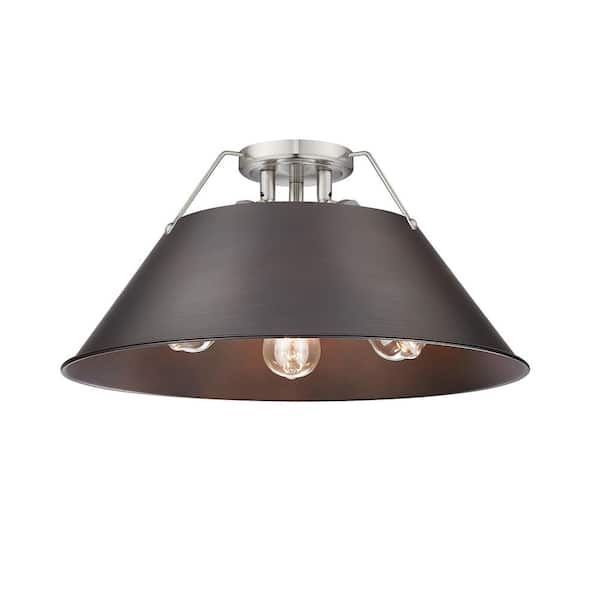 Golden Lighting Orwell 18.75 in. 3-Light Pewter and Rubbed Bronze Flush Mount