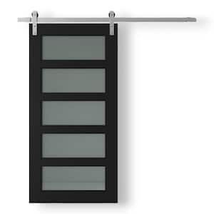 83 in. x 40 in. Boston 5-Panel Frosted Glass, Espresso Wood Barn Door with Solid Core and Hardware Included