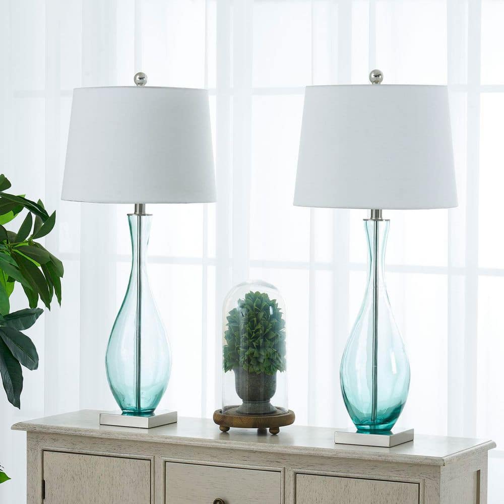 30.5 in. Blue Coastal Dimmable Glass Bedroom Living Room Bedside Desk Nightstand Tall Table Lamps USB Port (Set of 2) price history on PriceWatchPro