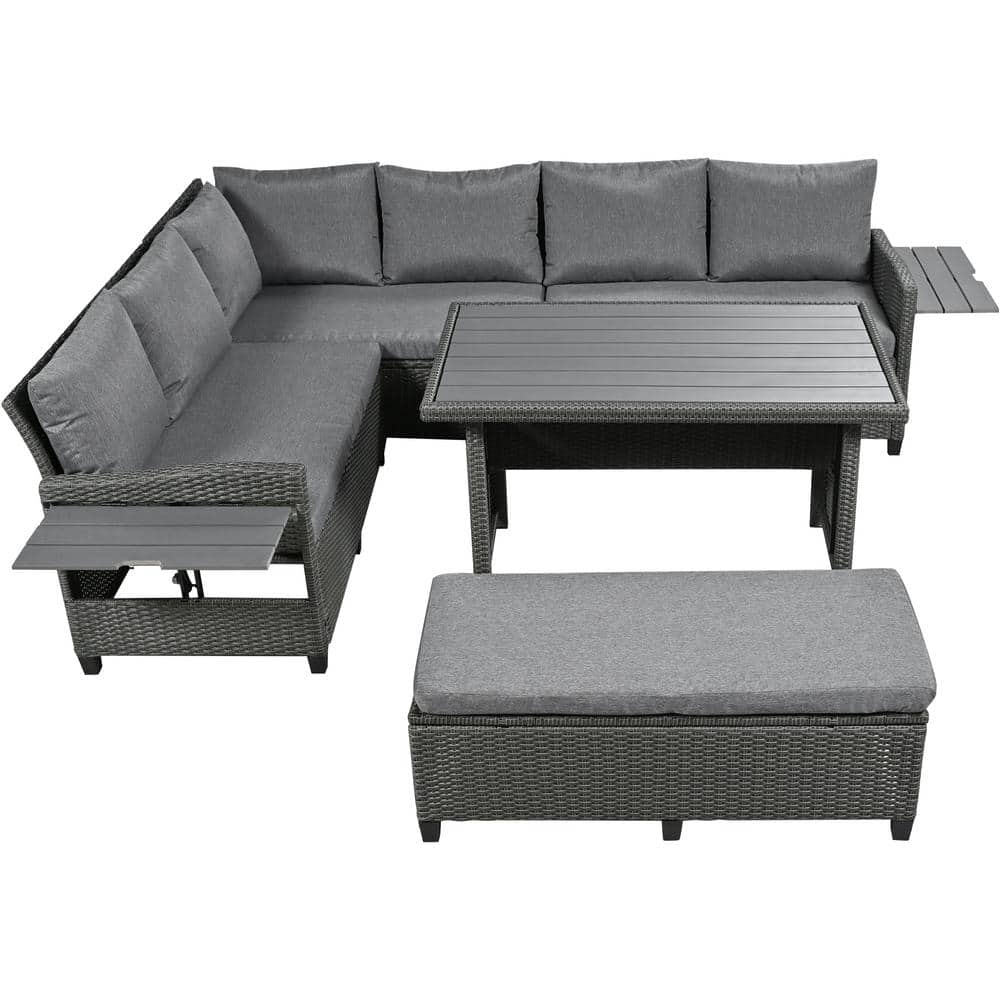 Outdoor Patio Sofa Set Natural of 5-Piece PE Wicker Outdoor Sectional with 2 Extendable Side Tables and Gray Cushions -  myhomore, 5 OPS-GY