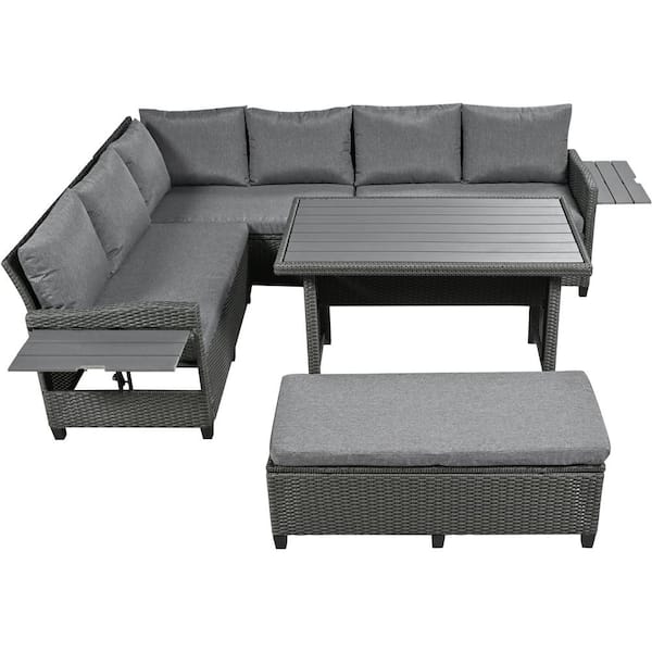 myhomore Outdoor Patio Sofa Set Natural of 5-Piece PE Wicker Outdoor Sectional with 2 Extendable Side Tables and Gray Cushions