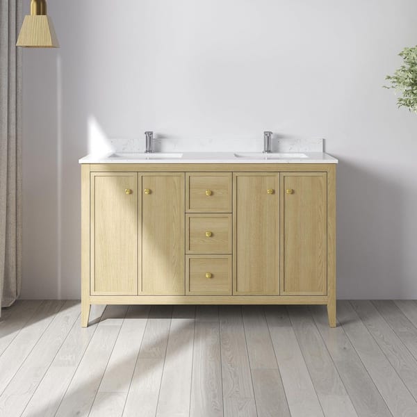 Fluctus 54 in. W x 22 in. D x 35 in. H Double Sink Freestanding Bath Vanity in Oak with Calacatta Cultured Marble Top
