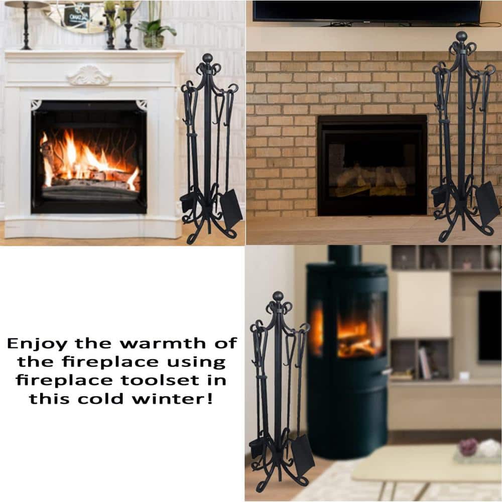 Ashman Black Iron 5-Piece Fireplace Tool Set with Crook Handles
