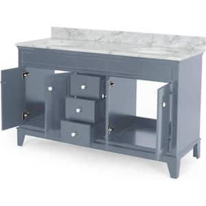 61 in. W. x 22 in. D x 40 in. H Double Sink Freestanding Bath Vanity in Gray with White Marble Top and Storage Cabinet