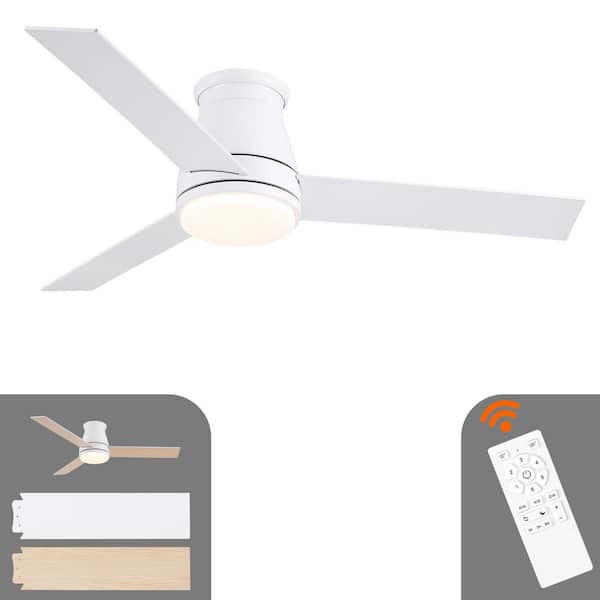 48 in. White Low Profile Standard Ceiling Fan with Integrated LED Light Included and Remote, Flush Mount
