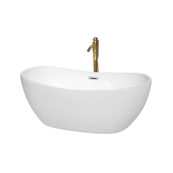 Wyndham Collection Rebecca 60 in. Acrylic Flatbottom Bathtub in White with Polished Chrome Trim and Brushed Gold Faucet