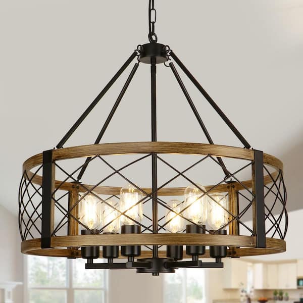 23 in. 6-Light Black and Imitation Wood Drum Farmhouse Rustic Chandelier for Foyer Dining Room Living Room