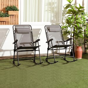 Gray Metal Outdoor Rocking Chair, 2-Piece Patio Folding Lawn Rocker Set with Headrests for Yard, Patio, Deck, Backyard