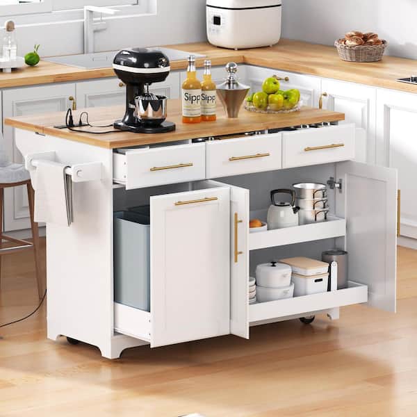 Modern White Wood 59.3 in. Drop Leaf Power Outlet Kitchen Island with Trash Can Storage and Pull Out Cabinet Organizers