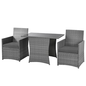 3-Pieces Wicker Patio Conversation Set Table and Chair Set with Gray Cushions
