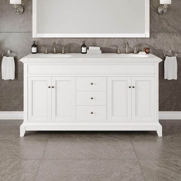 Eviva Elite Stamford 60 in. Double Sink White Bath Vanity with White Carrara Quartz Top (Assembled)