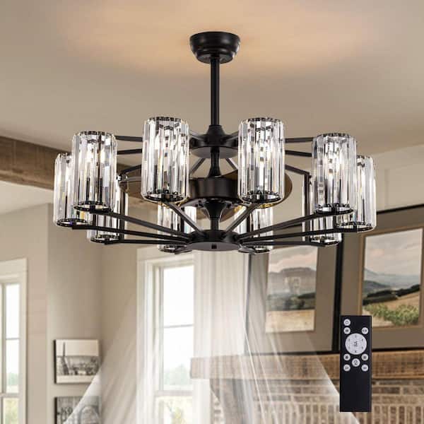 36 in. 10-Light Vintage Downrod Mount Fandelier Black Crystal Glass Caged Ceiling Fan with Remote Control (No Bulbs)