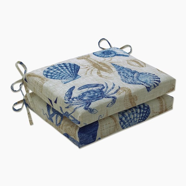 Pillow Perfect Tropical 18.5 in. x 16 in. Outdoor Dining Chair Cushion in Blue/Tan (Set of 2)