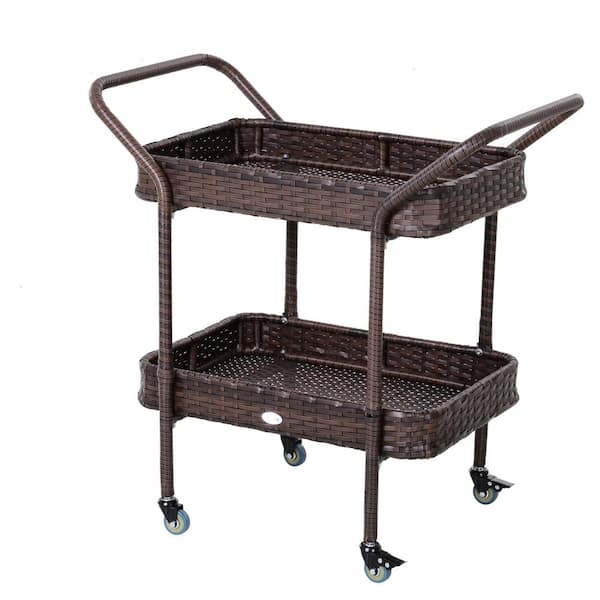 Unbranded Outsunny Rattan Wicker Serving Cart with 2-Tier Open Shelf, Outdoor Wheeled Bar Cart with Brakes