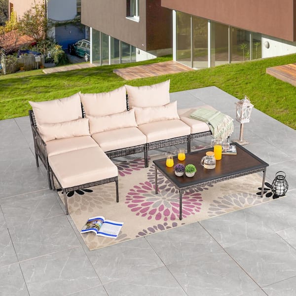 Patio Festival 6-Piece Wicker Outdoor Conversation Set with Beige Cushions
