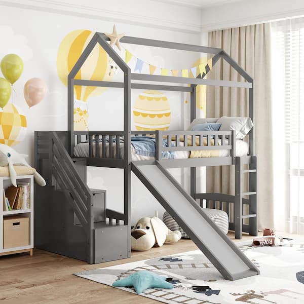 Qualler Gray Twin Size House Style Loft Bed with 2-Drawers and Slide