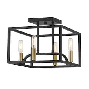 Uptown 12 in. 4-Light Matte Black Semi Flush Mount Ceiling Light with Cage Shade