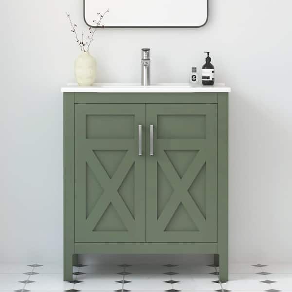 HOMEVY STUDIO Silvia 30.25 in. W x 18.5 in. D x 35 in. H Single Sink Freestanding Bath Vanity in Forest Green with White Ceramic Top