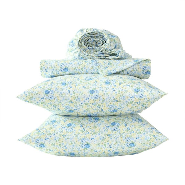 Rowena 4-Piece Blue/Yellow Cotton Sateen Queen Sheet Set