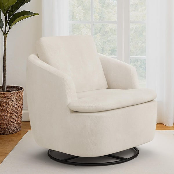 Arthur 35 in. Oatmeal White Fabric Upholstered Swivel Glider Arm Chair with Metal Base Swivel Accent Chair (Set of 1)