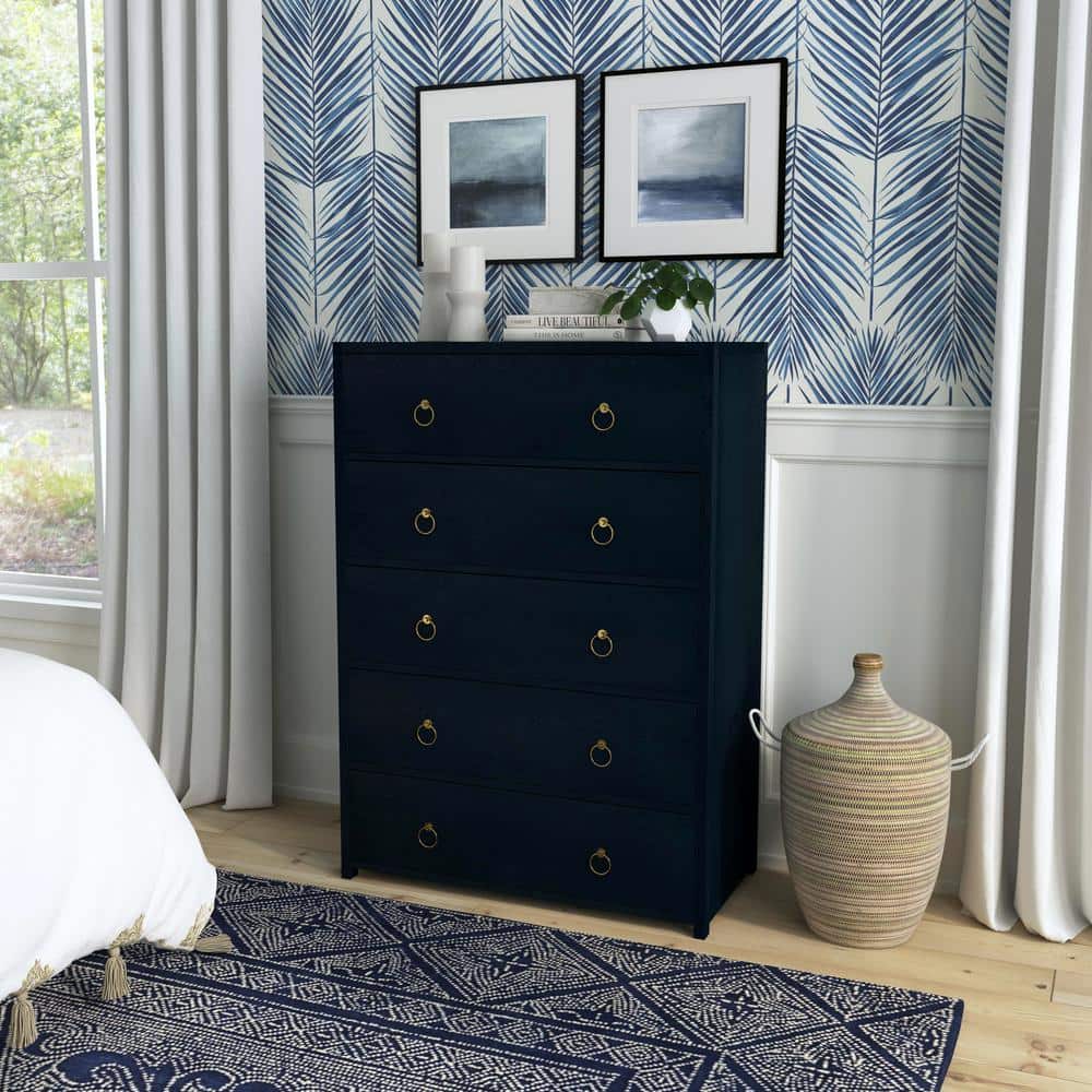Navy Blue Acacia Wood 5-Drawer Vertical Dresser
