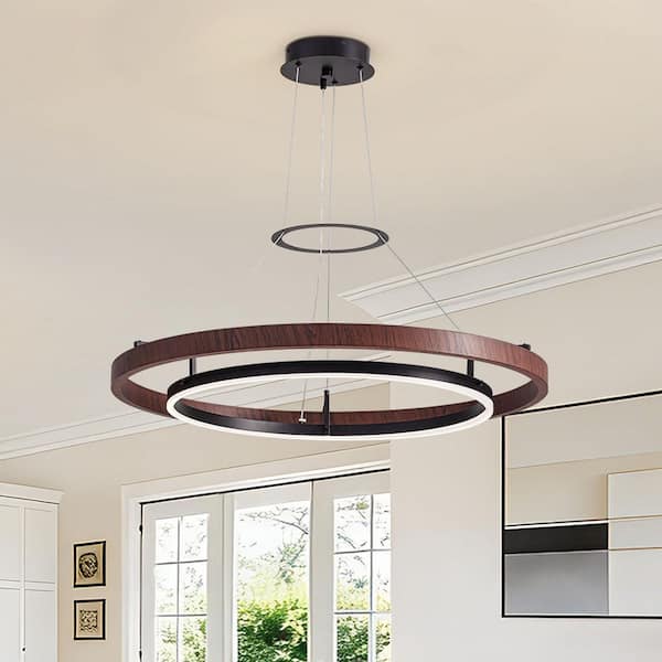 31.5 in. Brown Modern Dual Ring 1-Light LED Dimmable Pendant Light for Living Room, Dining Room, Kitchen Island