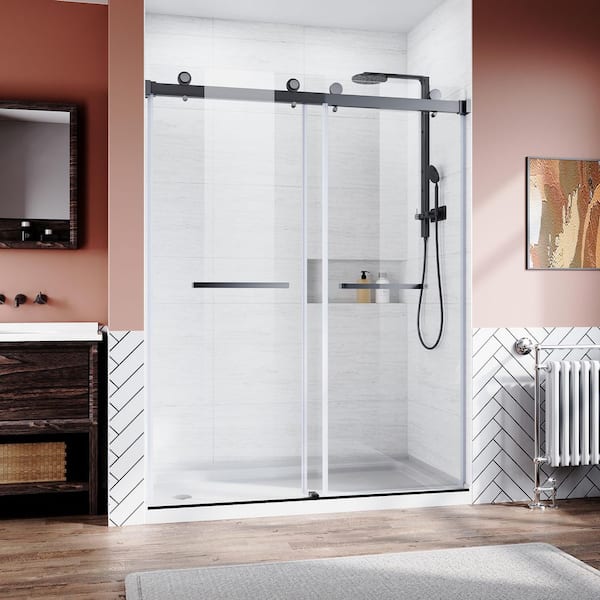 60 in. W x 76 in. H Sliding Frameless Shower Door in Matte Black Finish with 3/8 in. Clear Glass and Stainless Steel