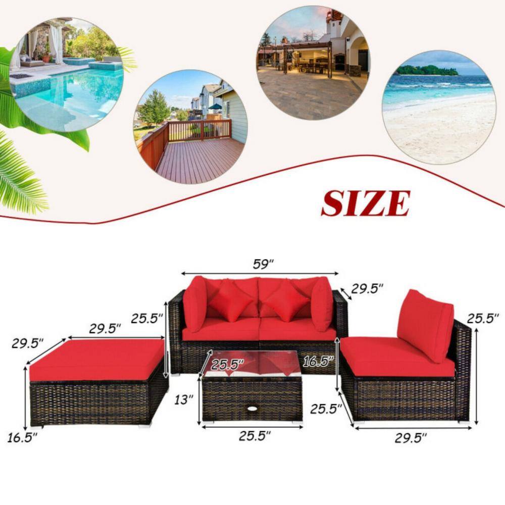 5-Piece Red Cushioned Rattan Patio Furniture Set with Ottoman