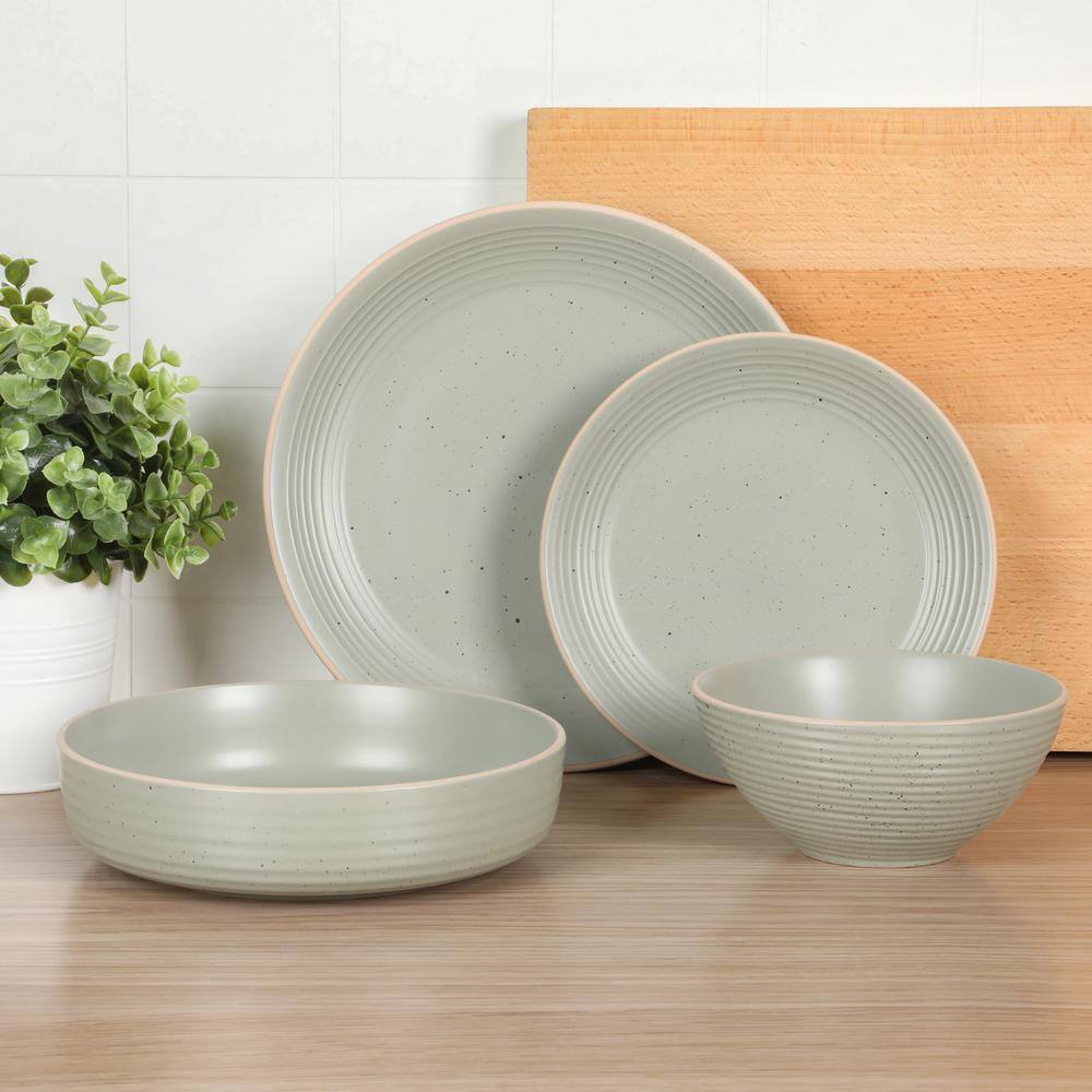 Sage Green Ceramic 16-Piece Embossed Dinnerware Set