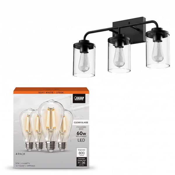 Emerson 21 in. 3-Light Matte Black Vanity Light with Motion Nightlight and ST19 E26 LED Light Bulb Soft White (4-Pack)